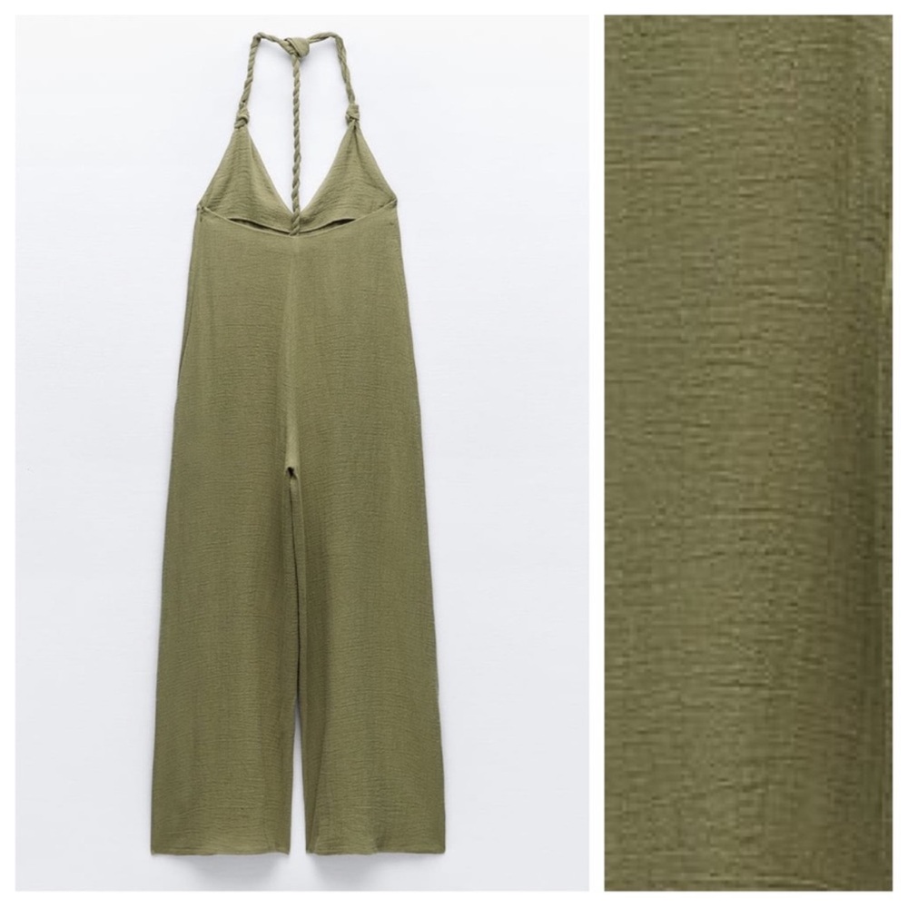 NWT | ZARA 100% LINEN SAGE OLIVE GREEN BRAIDED COVERALL WIDE LEG BOHO JUMPSUIT - Picture 2 of 9